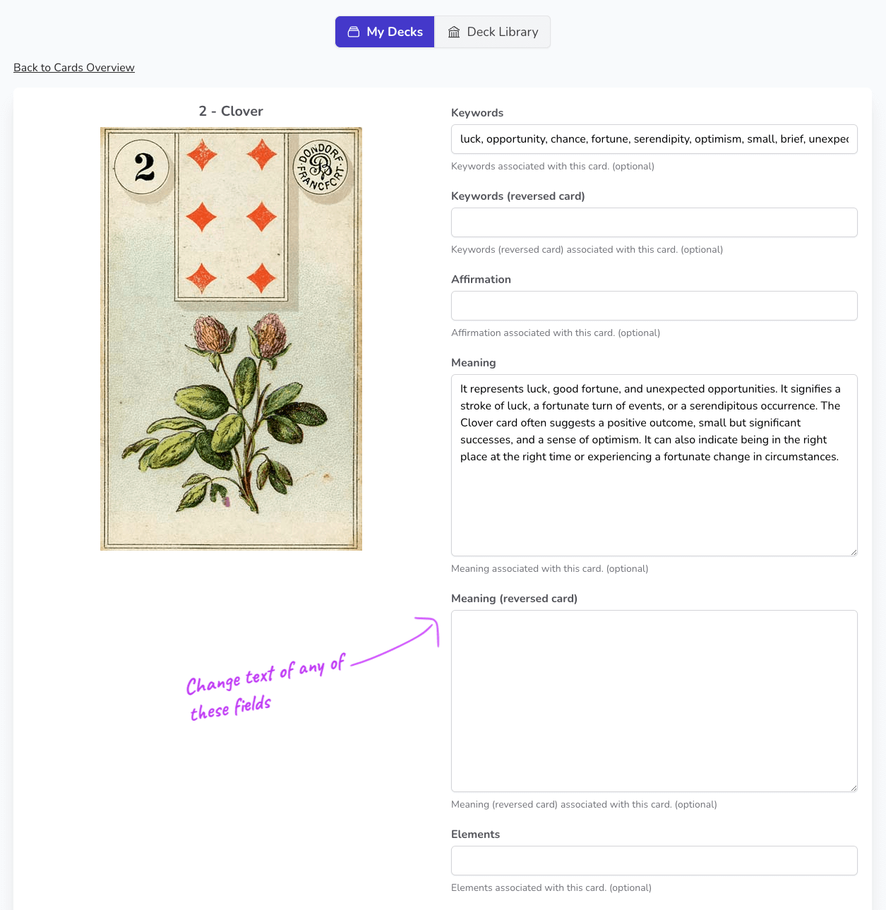 Card meanings - change them when you need to